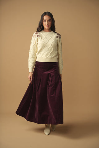 Honeycomb Embroidered Sweater & Pleated Corduroy Skirt