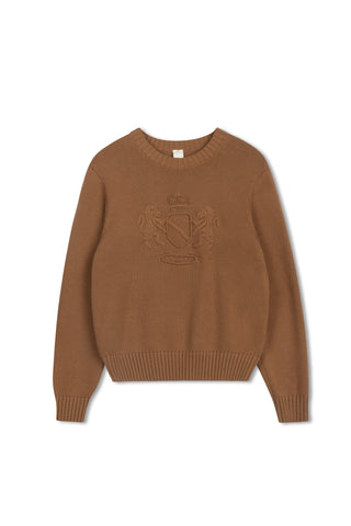 km crest embroidery sweater - Tan