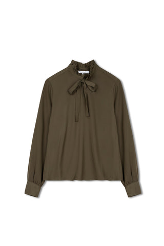 ceremony rufflie tie collar blouse - DARK OLIVE