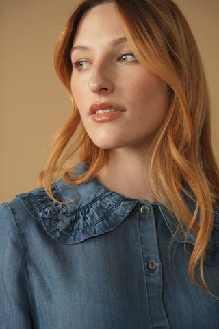 hd ruffle neck denim shirt