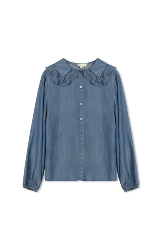 hd ruffle neck denim shirt - Medium Blue Wash
