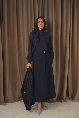 ceremony ruffle mockneck tie blouse