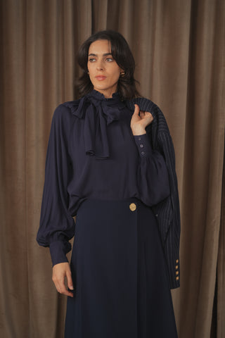 ceremony ruffle mockneck tie blouse