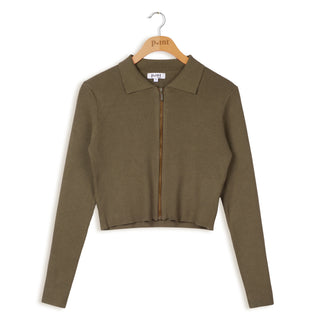 point rib zip cropped cardigan