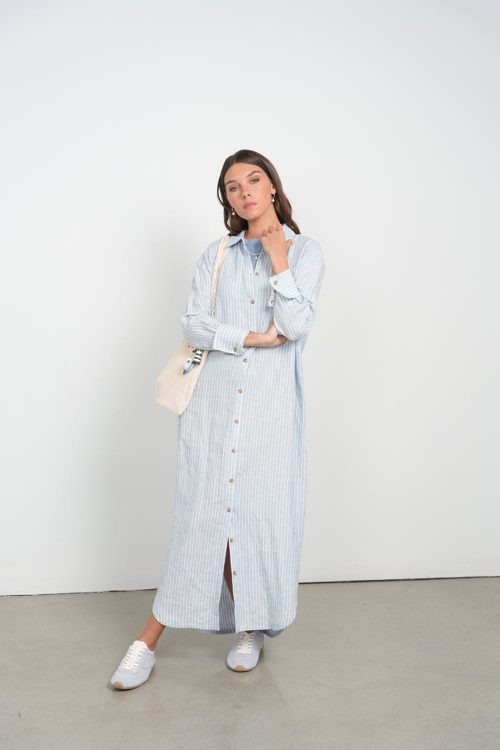 POINT STRIPE LINEN DRESS s / ICEDCOFFEESTRIPE