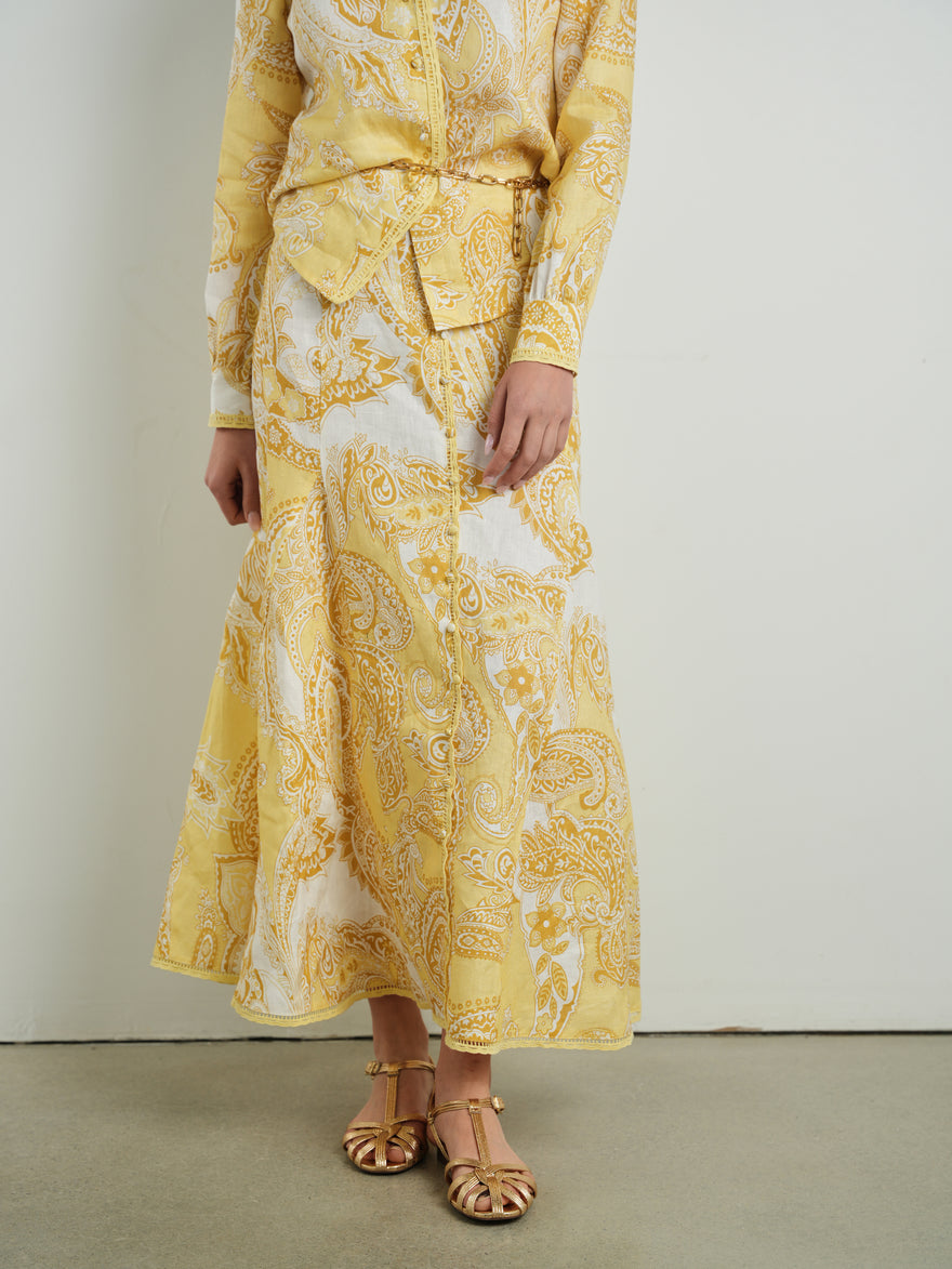 Cleo Printed Crochet Trim Linen Skirt
