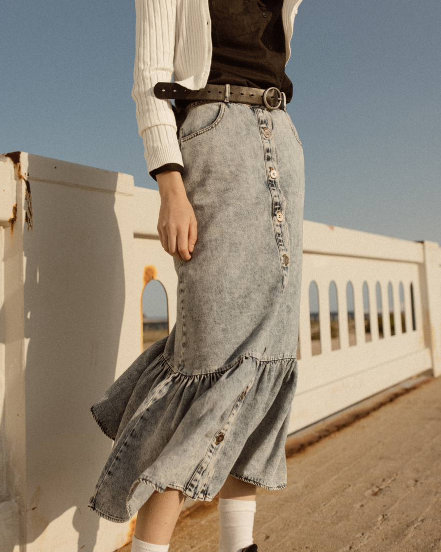 hd tiered denim maxi skirt